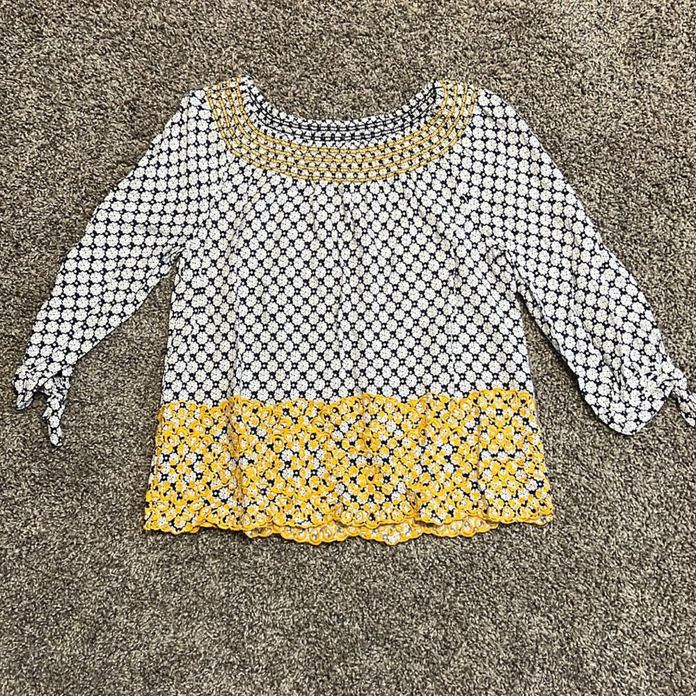 Navy Blue and Yellow Blouse with Embroidery Detail